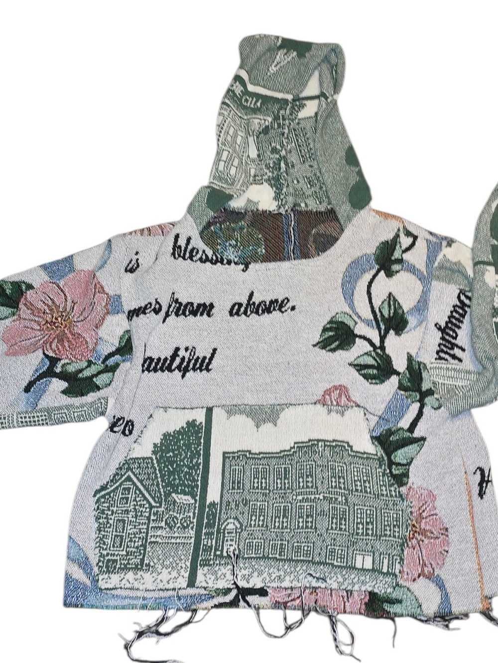 Handmade Boho Tapestry Hoodie Jacket Cottagecore Floral Oversized Raw Hem Granny